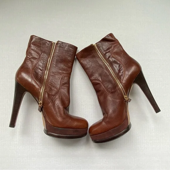 Nine West Addlana leather boots platform spike heel ankle zip round toe brown - Picture 3 of 13